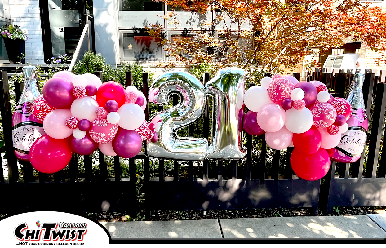 balloon garland fence install 21st birthday pink