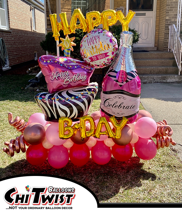 Happy Birthday Deluxe Marquee with a champaign bottle and zebra cake